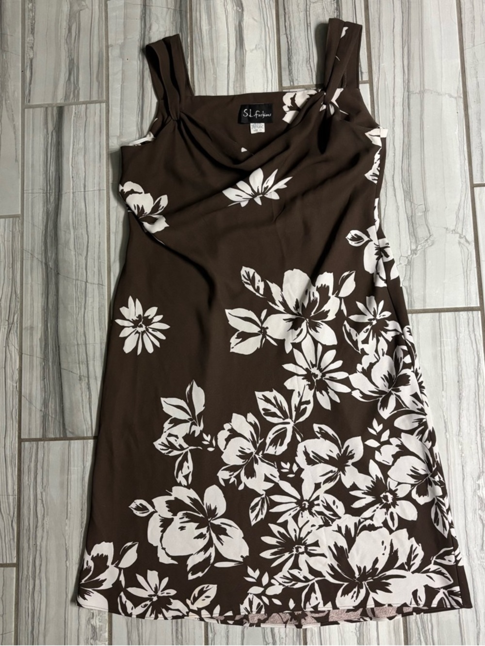 SL Fashions Brown Dress with White Floral Print - cowl neck